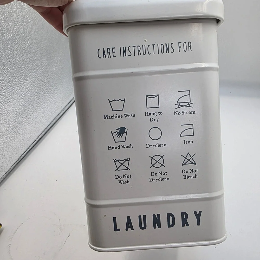 Farmhouse Metal Laundry Detergent Storage Tin Bin with Wood Handle Cream White